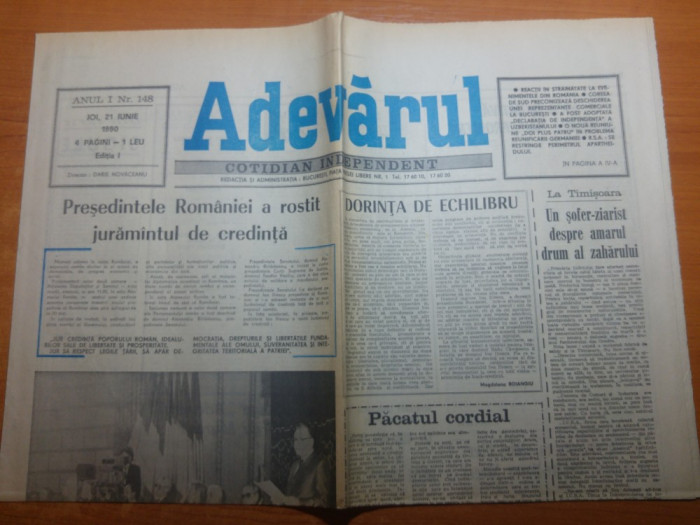 ziarul adevarul 21 iunie 1990-ion iliescu a rostit juramantul de credinta