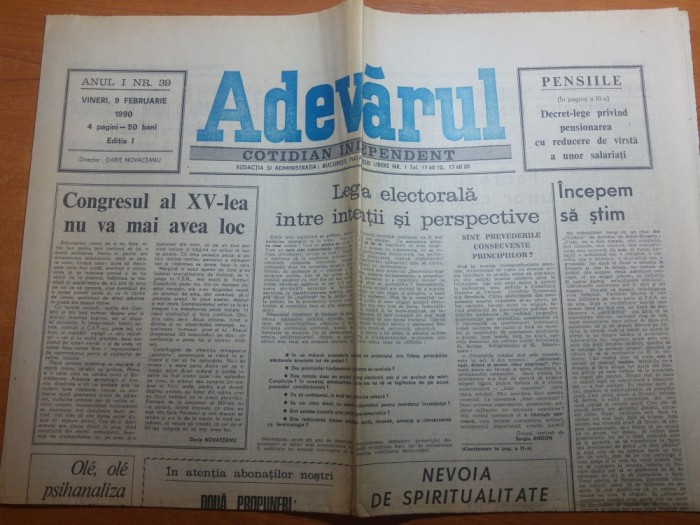 ziarul adevarul 9 februarie 1990-art. &quot;congresul al 15-lea nu va mai avea loc &quot;