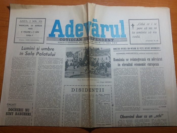 ziarul adevarul 25 aprilie 1990-miting in piata universitatii