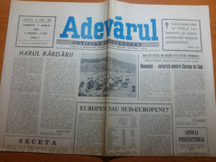 ziarul adevarul 7 aprilie 1990-articolul &quot; europeni sau sud-europeni ? &quot;