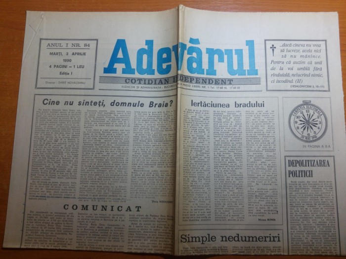 ziarul adevarul 3 aprilie 1990-art. despre doru constantin braia