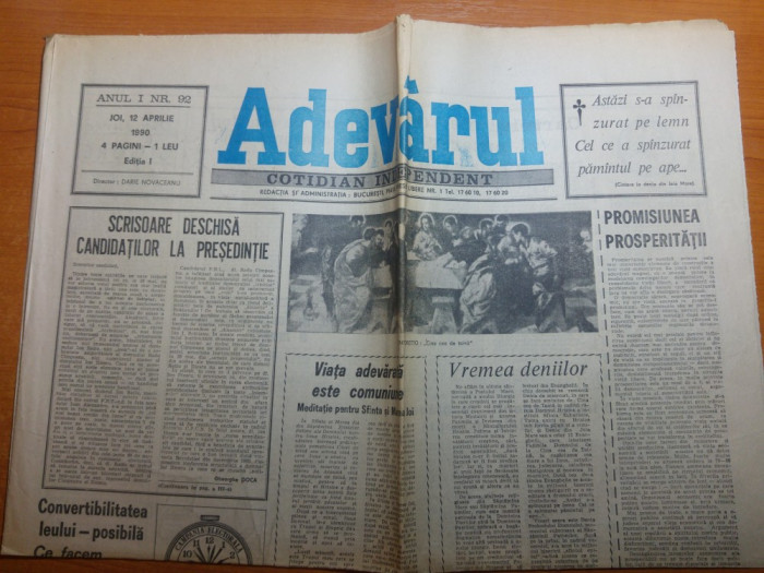 ziarul adevarul 12 aprilie 1990-scrisoare deschisa candidatilor la presidentie