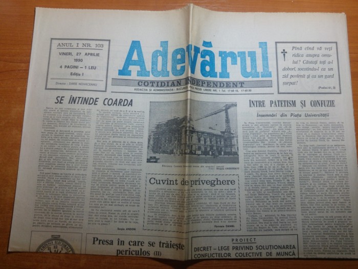 ziarul adevarul 27 aprilie 1990-insemnari din piata universitatii