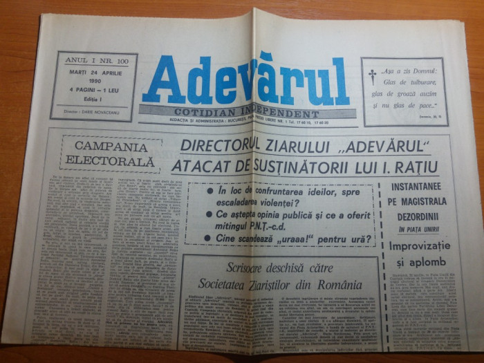 ziarul adevarul 24 aprilie 1990-miting in piata aviatoriilor