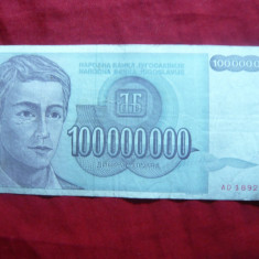 Bancnota 100 milioane Dinari 1993 Iugoslavia , cal.Buna