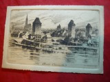 Gravura Strasburg - Poduri- Les Ponts Couverts ,semnat Ch.Pinet ,format c.postal