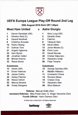 Foaie meci fotbal WEST HAM UNITED-ASTRA GIURGIU 25.08.2016 Europa League foto