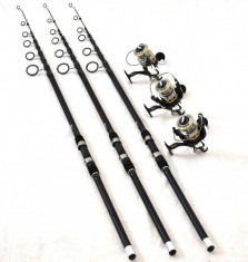 Set 3 Lansete Telescopice CARBON 100% 3,3m cu 3 Mulin cu baitrunner si 11 rulm foto