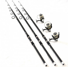 Set 3 Lansete Telescopice CARBON 100% 3,9m cu 3 Mulin cu baitrunner si 11 rulm foto