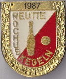 Insigna Sportiva Concurs de popice 1987 Reutte Rochus Kegeln , aurie