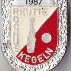 Insigna Sportiva Concurs de popice 1987 Reutte Rochus Kegeln , argintie