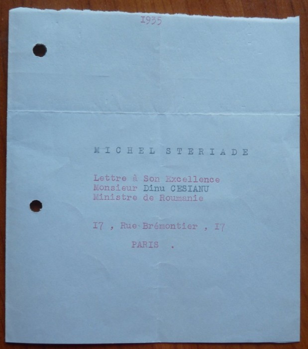 Scrisoare a lui Mihail Steriade catre Dinu Cesianu, Paris, 1935