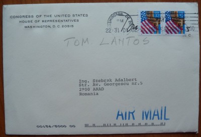 Scrisoare de felicitare a lui Tom Lantos, senator american, circulata, antet foto