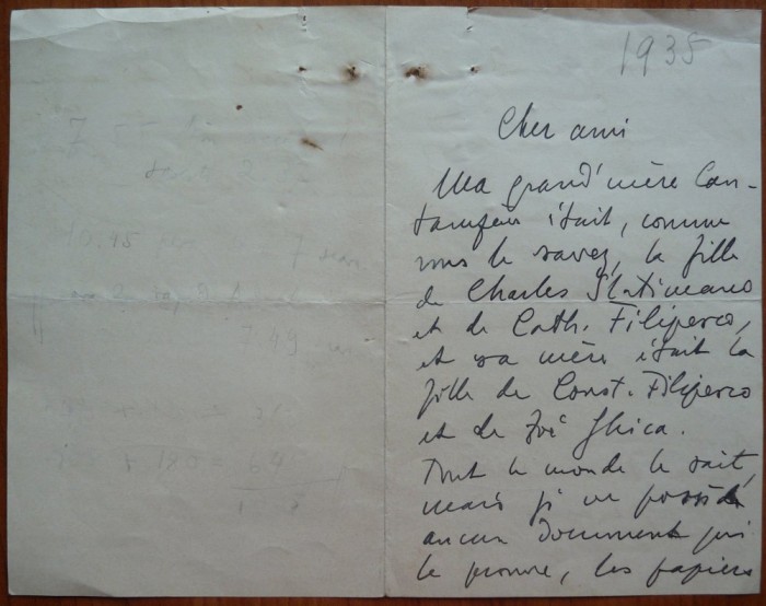 Scrisoare a lui Constantin George Manu, diplomat din familie de boieri, 1935