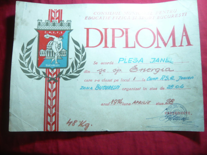 Diploma CMEFS Bucuresti - Locul I la Box 1974