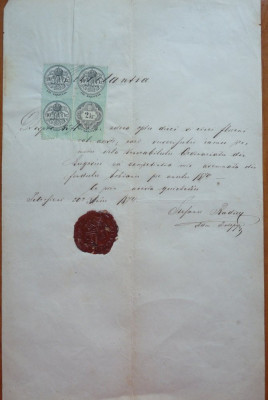 Chitanta din Petrosani , 1874 , timbre fiscale si sigiliu foto