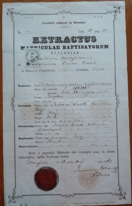 Extractus matriculae baptisatorum , Comuna Sanandrei , sat Carani , Timis , 1863