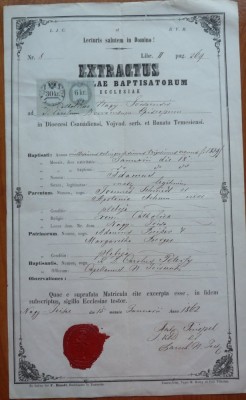 Extractus matriculae baptisatorum, Banat, Timisoara, 1862, sigiliu impecabil foto