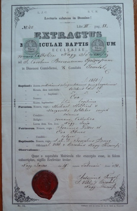 Extractus matriculae baptisatorum, Torontal, Timisoara, 1870, sigiliu