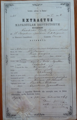 Extractus matriculae baptisatorum , Banat , Timisoara , 1862 , timbru sec foto