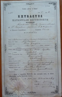 Extractus matriculae baptisatorum, Banat, Timisoara, 1862, timbru sec foto