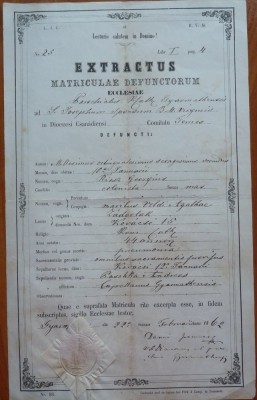 Extractus matriculae baptisatorum , Banat , Timisoara , 1862 , timbru sec foto