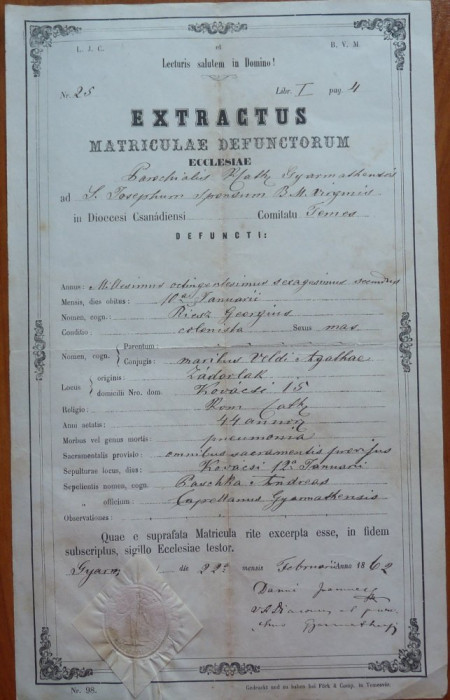 Extractus matriculae baptisatorum , Banat , Timisoara , 1862 , timbru sec