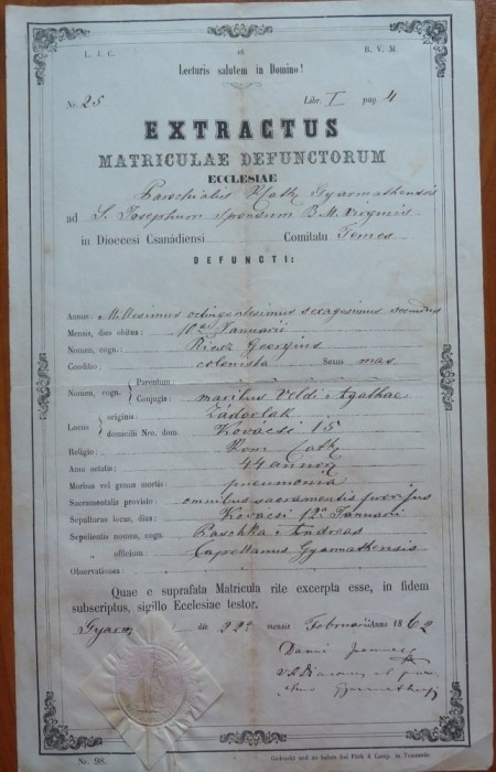 Extractus matriculae baptisatorum, Banat, Timisoara, 1862, timbru sec