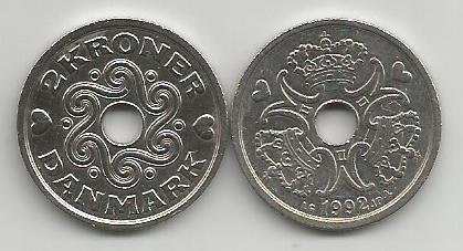 DANEMARCA 2 KRONER / COROANE 1992 [1] XF + , livrare in cartonas