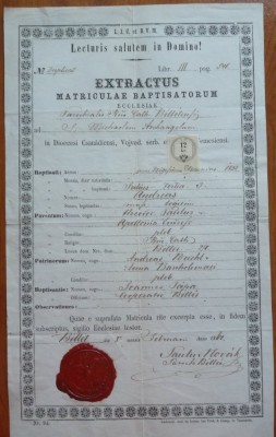 Extractus matriculae baptisatorum, Biled, Timisoara, 1860, sigiliu impecabil foto