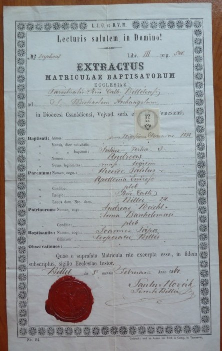 Extractus matriculae baptisatorum, Biled, Timisoara, 1860, sigiliu impecabil
