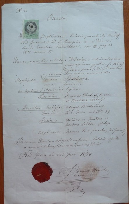 Extract parohial din Transilvania, 1874, timbru fiscal si sigiliu