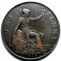 WW1 , MAREA BRITANIE , GEORGE V , 1 PENNY 1918 , FOARTE FRUMOASA ,DIAM. = 31mm. foto