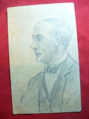 Carte Postala 10 bani Ferdinand cu portret in creion ,semnat foto