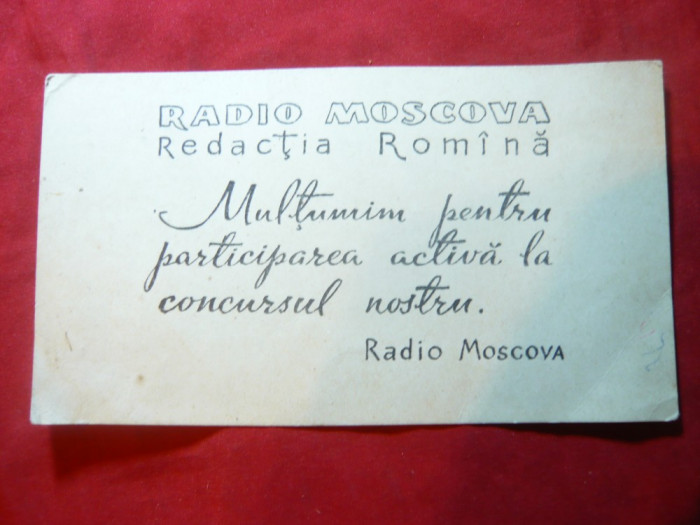 Carton cu Multumiri dinpartea Radio Moscova -sectia Romana
