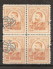 SD Romania 1908 LP66- Carol I gravate, 50 Bani, bloc de 4 timbre, PERFIN &amp;quot;BCR&amp;quot; foto