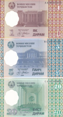 Bancnota Tadjikistan 1, 5 si 20 Diram 1999 - P10-12 UNC (set 3 bancnote) foto