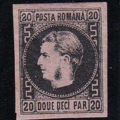 ROMANIA 1867 , CAROL I CU FAVORITI HARTIE SUBTIRE VAL. 20 PARALE T1 SARNIERA