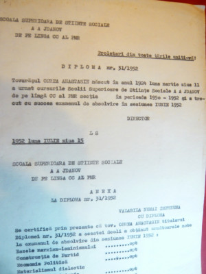 Diploma la Scoala Superioara de Stiinte Sociale AA Jdanov 1952 foto
