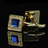 Butoni in forma GOLDEN BLUE SQUARE metalici cu strasuri + cutie simpla cadou