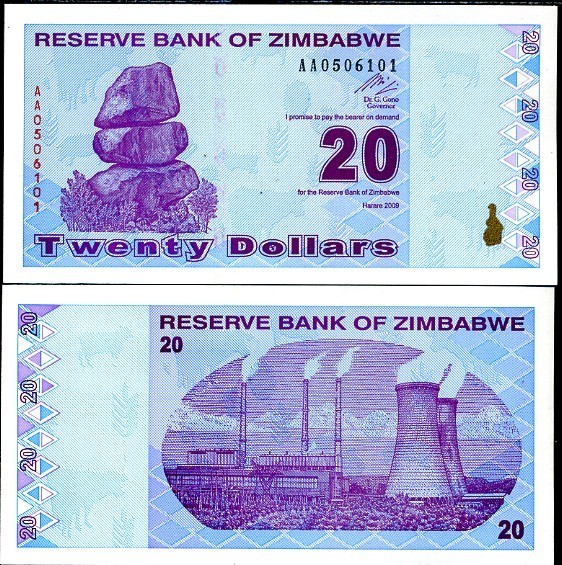 !!! ZIMBABWE - 20 DOLARI 2009 - P 95 - UNC // SERIA AA