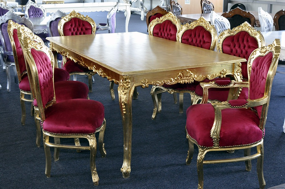 Set MASA dining + 8 Scaune clasice baroc din lemn auriu/bordo | arhiva  Okazii.ro