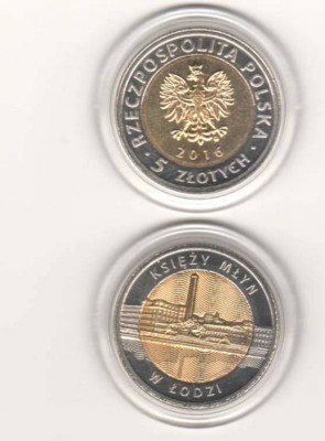 SV * Polonia 5 ZLOTYCH / ZLOTI 2016 bimetal * Orasul Lodz UNC foto