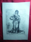 Gravura Femeie -semnat indescifrabil ( Lotar ?), dim.= 20,5x27 cm-parte desenata
