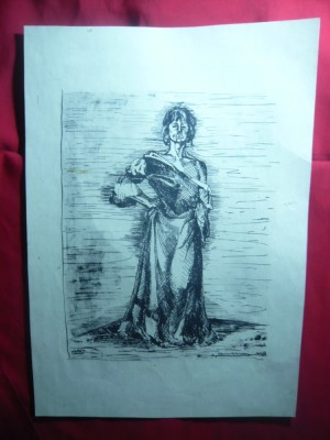 Gravura Femeie -semnat indescifrabil ( Lotar ?), dim.= 20,5x27 cm-parte desenata foto