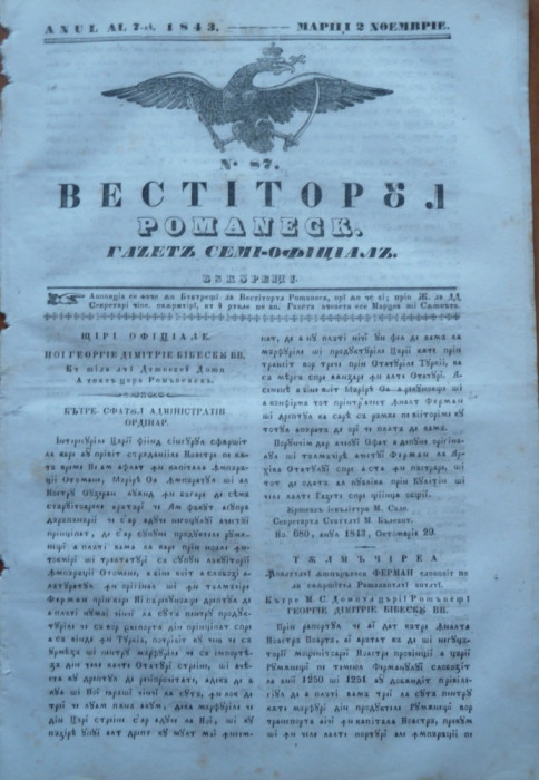 Vestitorul romanesc , gazeta semi - oficiala , 2 Noiembrie 1843