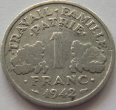 Moneda 1 FRANC - FRANTA, anul 1942 *cod 104 - aluminiu foto