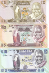 Bancnota Zambia 2, 5 si 10 Kwacha (1988) - P24-26 UNC ( set 3 bancnote ) foto