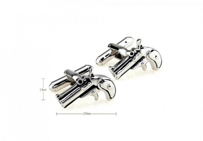 Butoni argintii metalici forma pistol + ambalaj cadou
