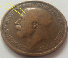 Moneda Half Penny - ANGLIA, anul 1917 *cod 4699 GEORGIVS V eroare batere foto